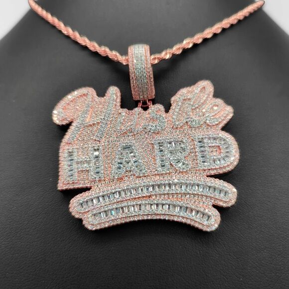 14K Rose Gold Finish Hustle Hard - Free 24inch x 3mm Rope Chain. - Picture 4 of 8